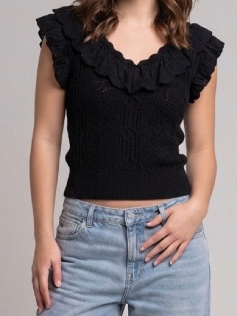 Zara Black Ruffled Knit Scoop-Neck Sweater